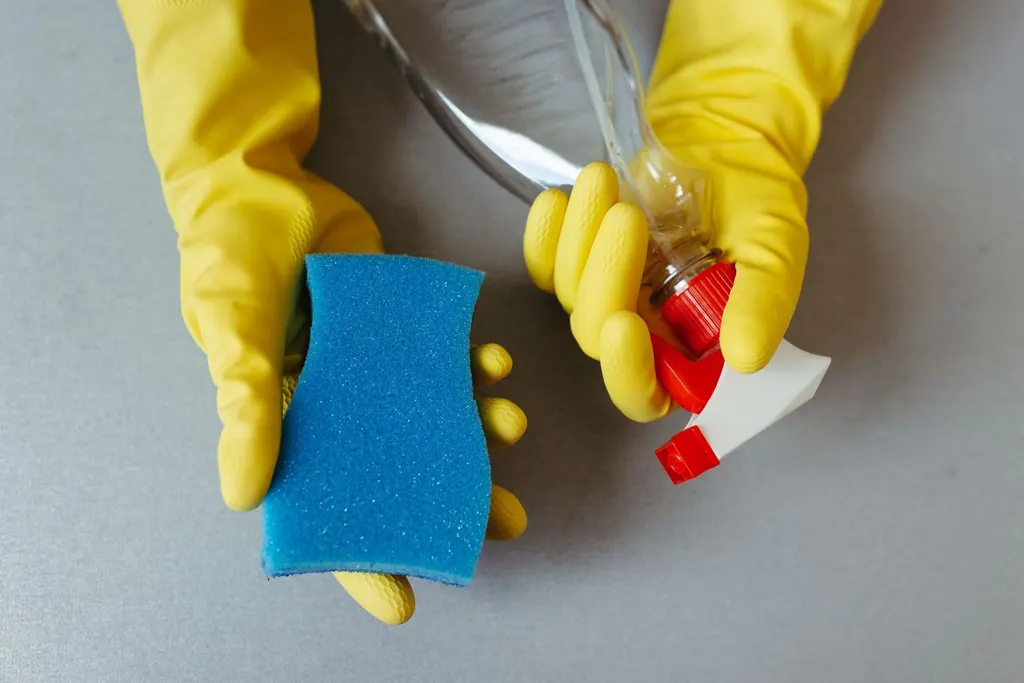 Manos con guantes de limpieza amarillos sujetando una esponja y un pulverizador